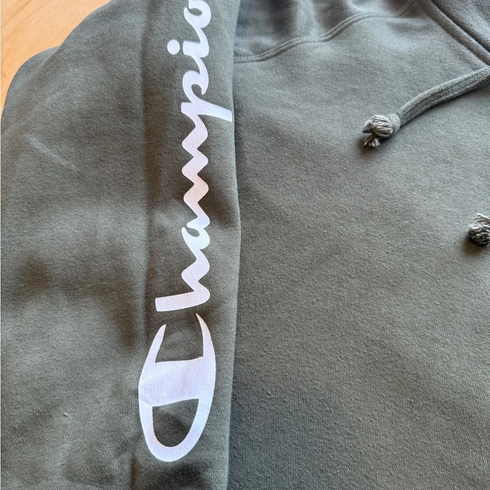 Champion Script Sleeve Hoodie Olive Green Pullover Sweatshirt Size L Streetwear - Picture 3 of 7